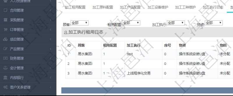 在項(xiàng)目管理軟件MES生產(chǎn)制造管理系統(tǒng)查詢加工明細(xì)信息時，還返回了關(guān)聯(lián)的加工執(zhí)行租用日志：租用配置、加工執(zhí)行、序號、物資、物料、數(shù)量、容器、描述、租用小時、開始時間、結(jié)束時間。