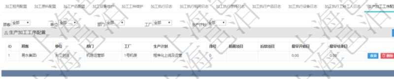 在項目管理軟件MES生產(chǎn)制造管理系統(tǒng)查詢加工明細信息時，還返回了關(guān)聯(lián)的生產(chǎn)加工工序配置：單位、部門、工廠、生產(chǎn)計劃、序號、前置項目、后續(xù)項目、最早開始日、最早結(jié)束日。