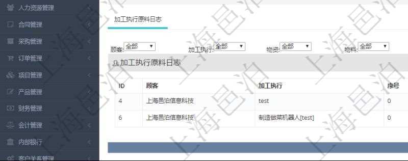 在項(xiàng)目管理軟件MES生產(chǎn)制造管理系統(tǒng)查詢加工原料配置信息時(shí)，還返回了關(guān)聯(lián)的加工執(zhí)行原料日志：加工執(zhí)行、序號(hào)、物資、物料、數(shù)量、容器、描述。
