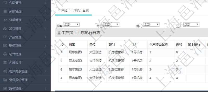 在項(xiàng)目管理軟件MES生產(chǎn)制造管理系統(tǒng)中查詢生產(chǎn)計(jì)劃執(zhí)行日志明細(xì)信息還會返回生產(chǎn)加工工序執(zhí)行日志明細(xì)：單位、部門、工廠、生產(chǎn)項(xiàng)目配置、序號、加工執(zhí)行、前置加工執(zhí)行、后續(xù)加工執(zhí)行、開始時間、結(jié)束時間、生產(chǎn)狀態(tài)、生產(chǎn)描述。