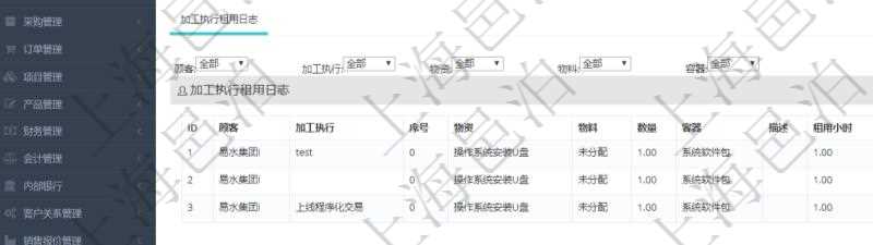 在項目管理軟件MES生產(chǎn)制造管理系統(tǒng)查詢加工租用配置信息時，還返回了關(guān)聯(lián)的加工執(zhí)行租用日志：加工執(zhí)行、序號、物資、物料、數(shù)量、容器、描述、租用小時、開始時間、結(jié)束時間。
