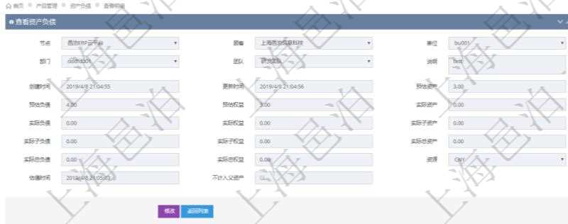 通過項(xiàng)目管理軟件產(chǎn)品管理模塊可以維護(hù)和查詢產(chǎn)品資產(chǎn)負(fù)債信息，比如：單位、部門、團(tuán)隊(duì)、說明、創(chuàng)建時(shí)間、更新時(shí)間、預(yù)估資產(chǎn)、預(yù)估負(fù)債、預(yù)估權(quán)益、實(shí)際資產(chǎn)、實(shí)際負(fù)債、實(shí)際權(quán)益、實(shí)際子資產(chǎn)、實(shí)際子負(fù)債、實(shí)際子權(quán)益、實(shí)際總資產(chǎn)、實(shí)際總負(fù)債、實(shí)際總權(quán)益、貨幣單位資源、估值時(shí)間及是否記錄負(fù)資產(chǎn)標(biāo)記。