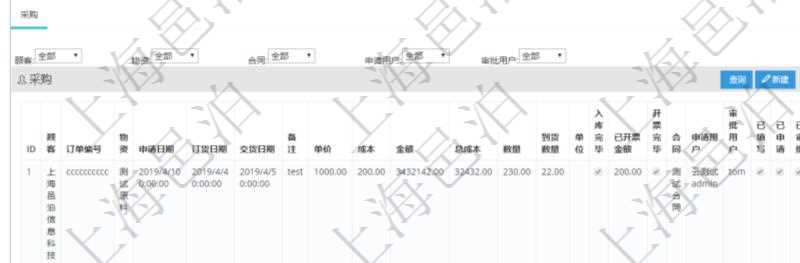 項目管理軟件采購管理模塊供應(yīng)商明細(xì)查詢還可以關(guān)聯(lián)查詢更多相關(guān)資料，比如供應(yīng)商的所有采購信息：訂單編號、物資、申請日期、訂貨日期、交貨日期、備注、單價、成本、金額、總成本、數(shù)量、到貨數(shù)量、單位、入庫完畢、已開票金額、開票完畢、合同、申請用戶、審批用戶、已填寫、已申請、已審批。
